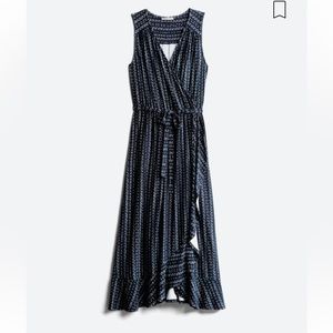 Loveappella Darielle Faux Wrap Ruffle Hem Midi Dress, Navy and White, 1X